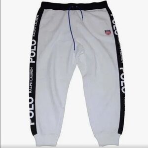 Polo Ralph Lauren Men's Fleece Joggers White Front, Sides Black Embroidered